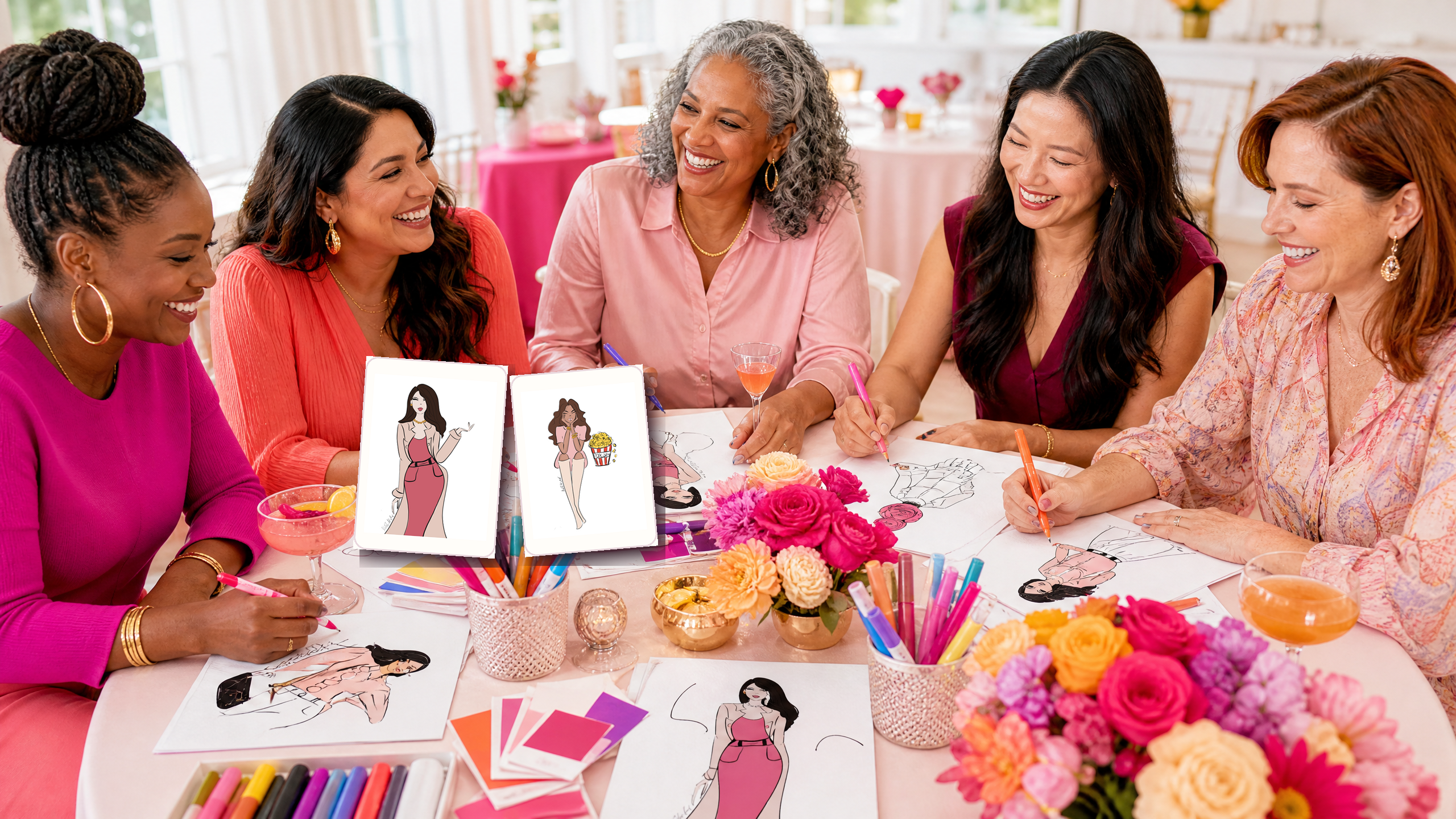 A bright, diverse adult gathering centered on original Color In Pretty Dollies pages