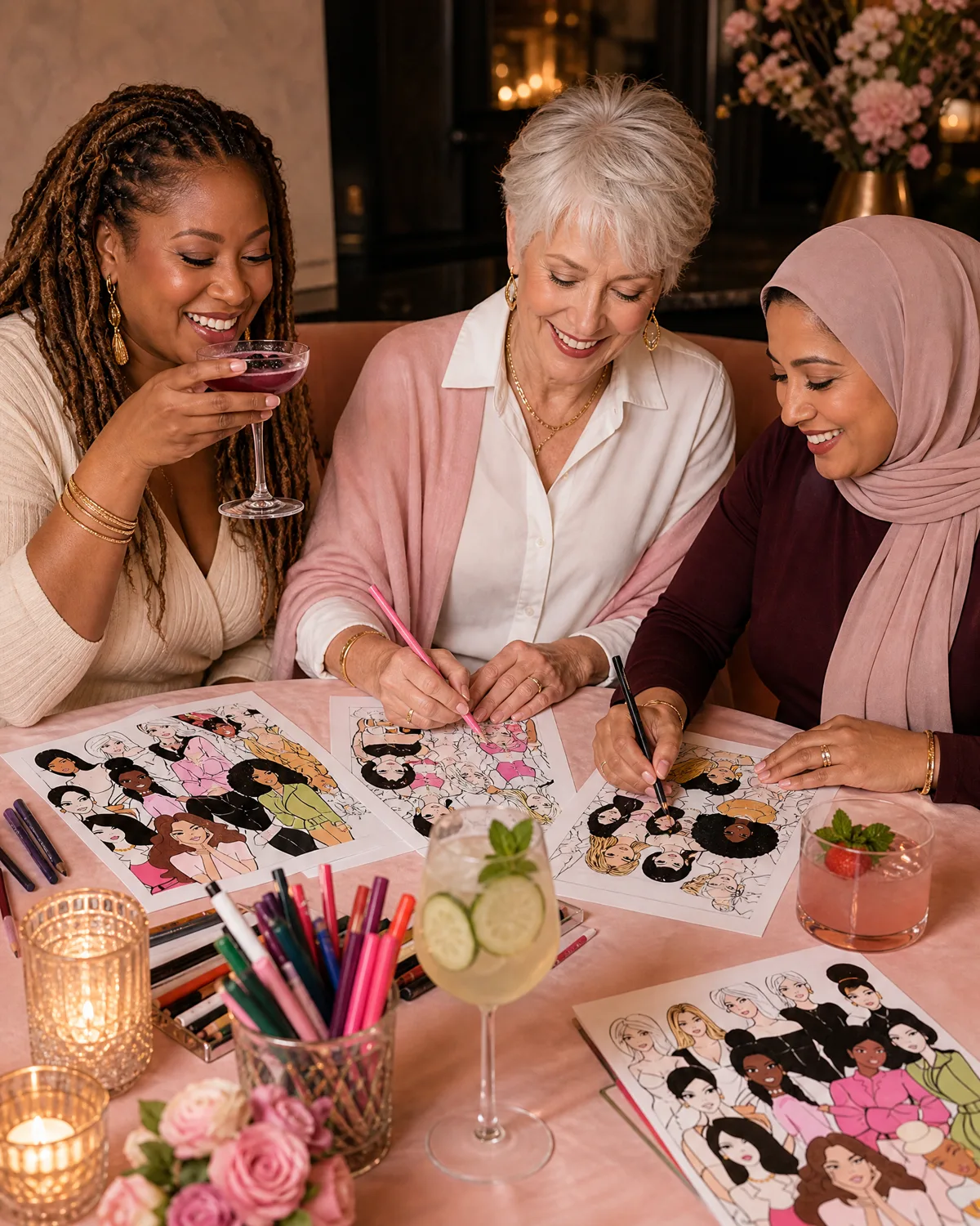 Three adult women of different ages and backgrounds coloring original Color In Pretty Dollies pages